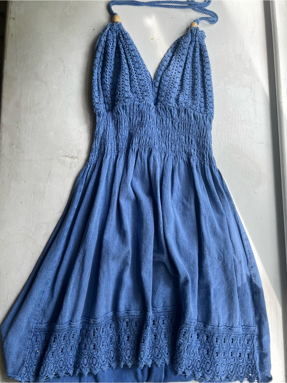 Blue Crochet Halter Mini Dress with Smocked Waist and Lace Hem